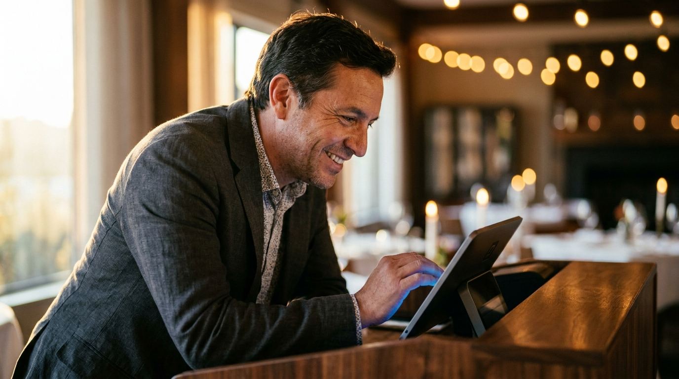 Dueño de restaurante atendiendo reservas en una tablet, el tipo de consulta que resuelve un chatbot de WhatsApp con IA